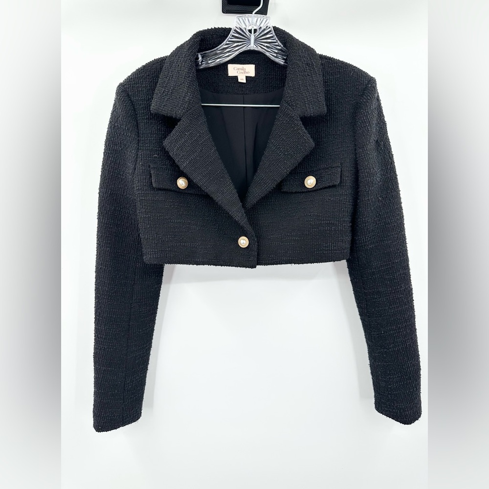 Camila Coelho Black Textured Tweed Cropped Blazer Pearl Buttons Size XS
